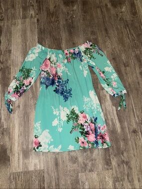 Off-Shoulder Floral Casual Dress in Aqua